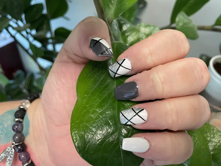 Monochrome details nail design supplied by Hip Hop Nails