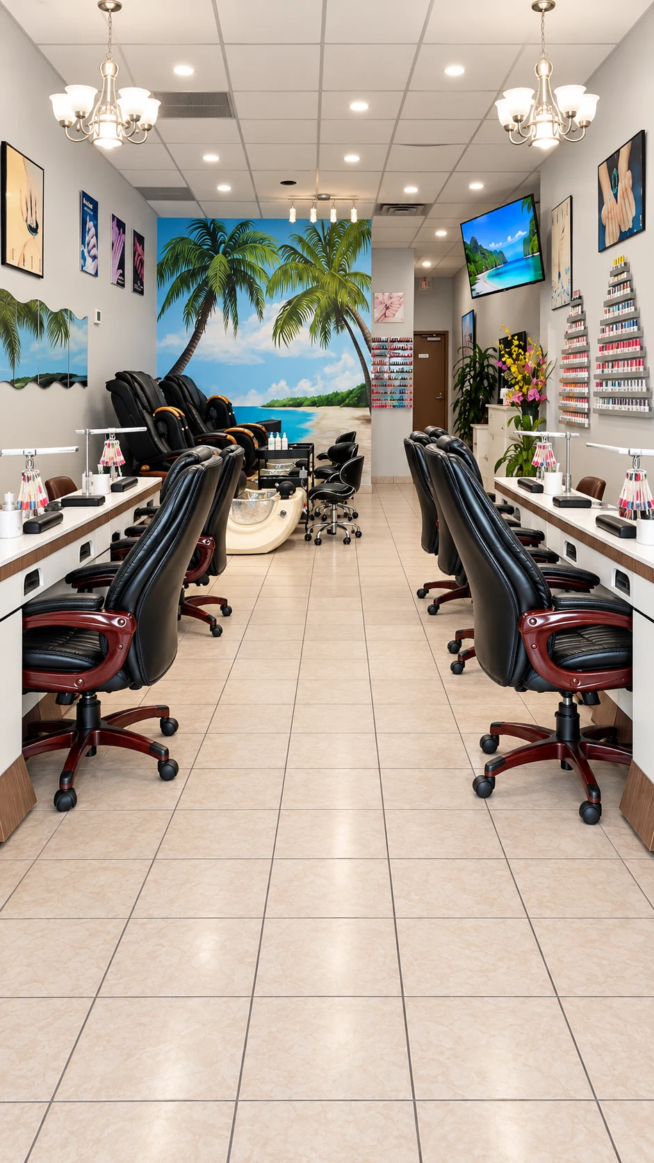 View down the manicure aisle towards the tropical mural