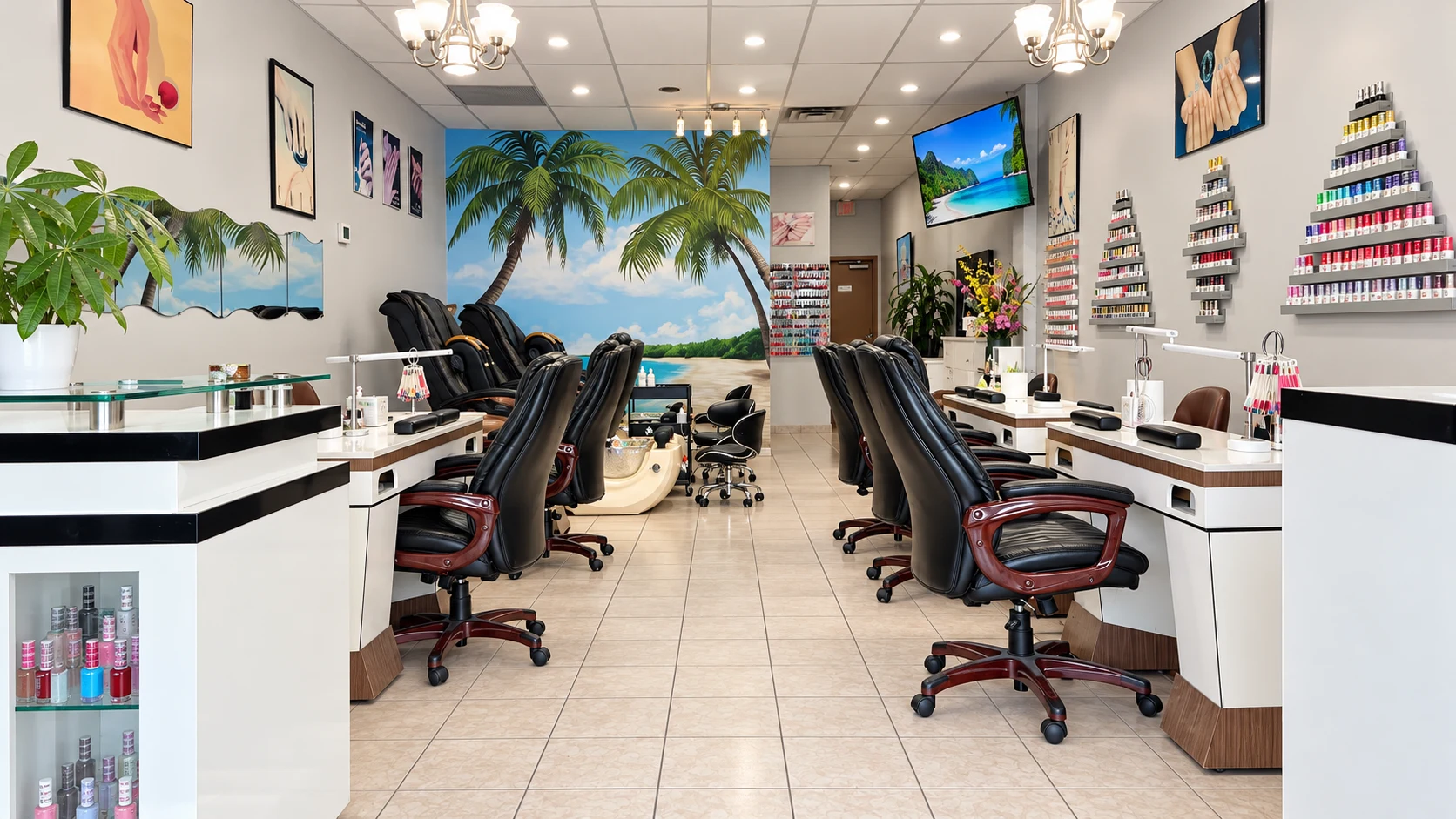 Wide view of Hip Hop Nails interior, manicure stations and tropical mural